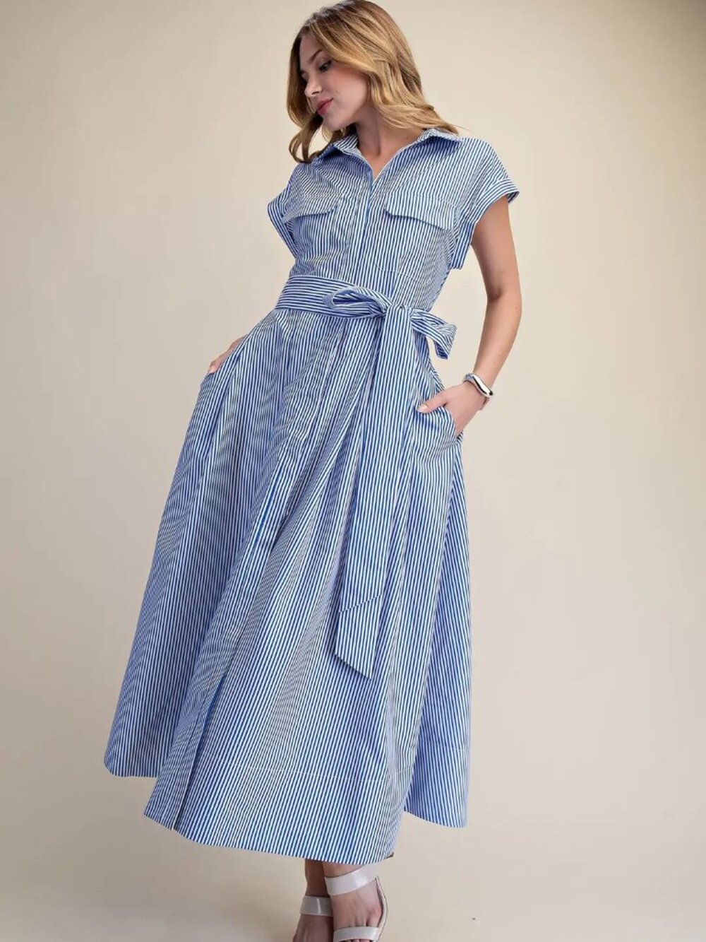 Glam Tie-Waist Striped Midi Dress - Blue